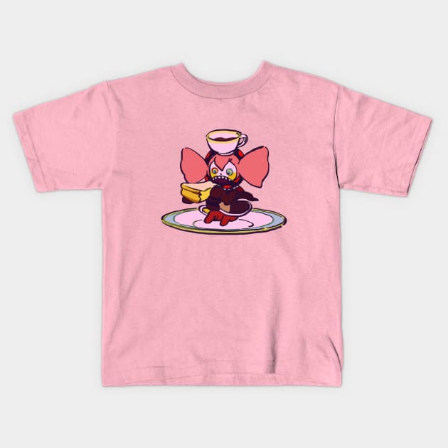 pink pastel charlotte eating cheesecake and coffee on a plate / madoka magica Kids T-Shirt by mudwizard